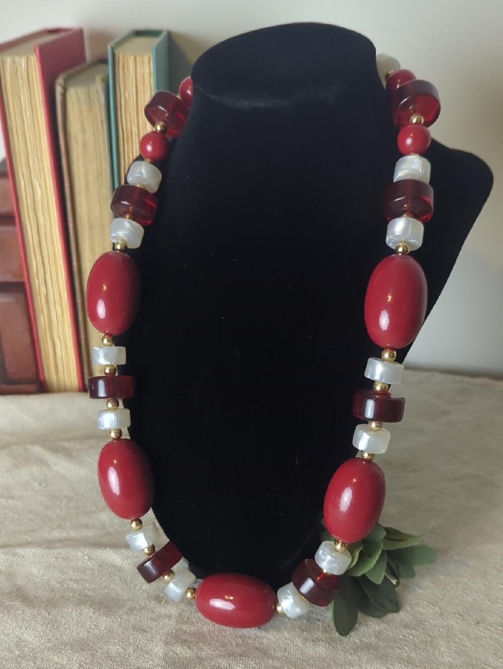 Vintage Monet Red 90's Retro Necklace Chunky Lucite & Gold Beaded Cranberry